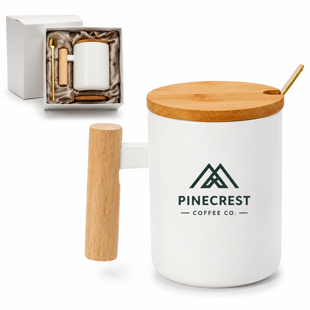 Lidded Ceramic Coffee Cup with Solid Wood Handle — Ceramic — White