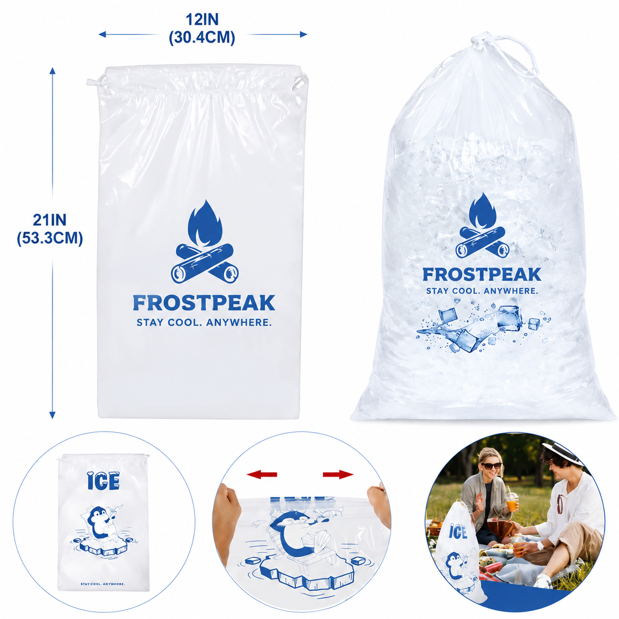 Reusable 10 Pound Drawstring Ice Carrying Bag — Plastic — Clear