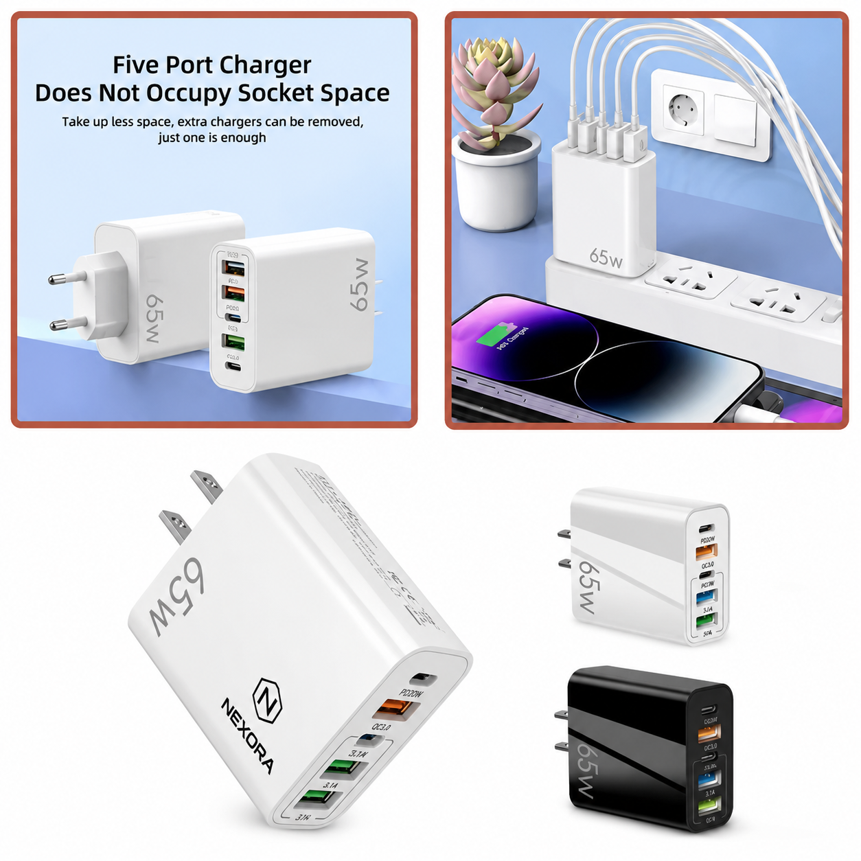 5V4A Fast Charging Adapter with PD and 3 USB Ports — Abs — Black