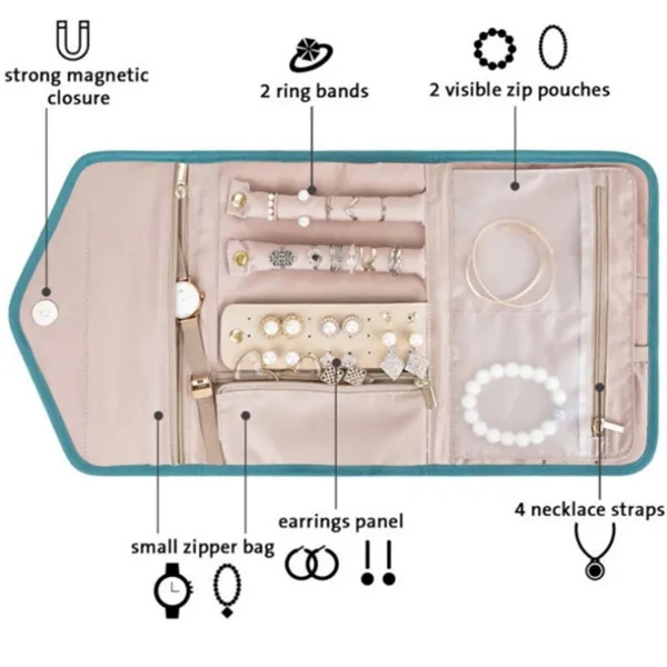 Lightweight Jewelry Storage Roll with Five Compartments