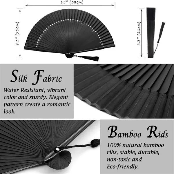 Portable Folding Silk Fan, Bamboo Ribs, 8.3 x 15 Inch