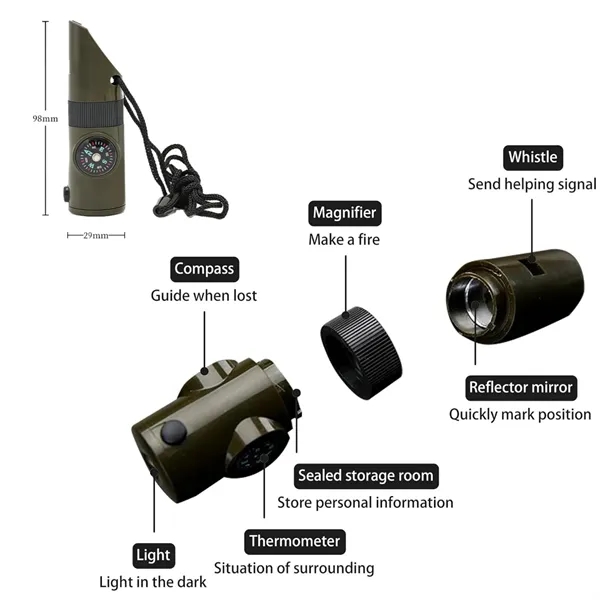 7-in-1 Hiking Whistle with Thermometer and Storage