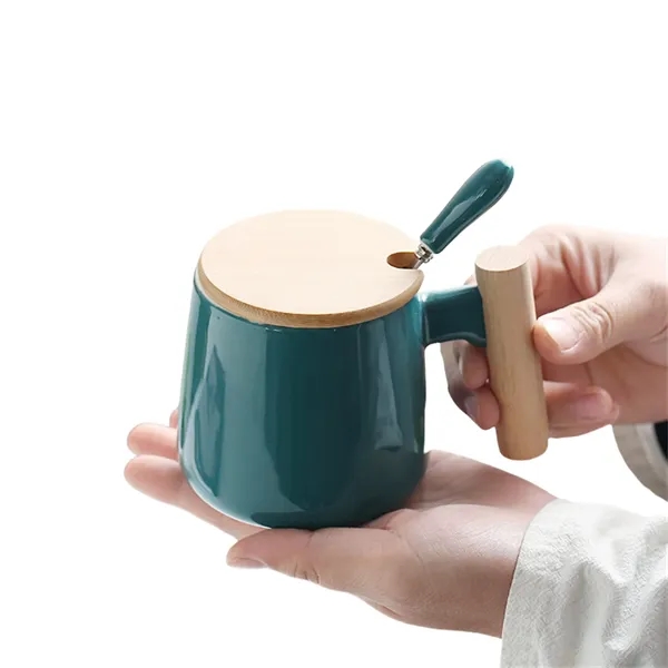 12 Oz Hot Beverage Cup with Ceramic Body and Wood Lid