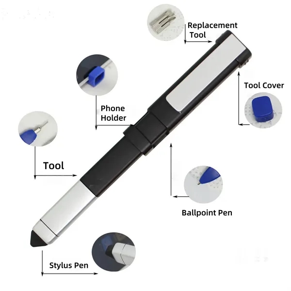 Multi-Tool Ballpoint Pen with Phone Holder and Stylus