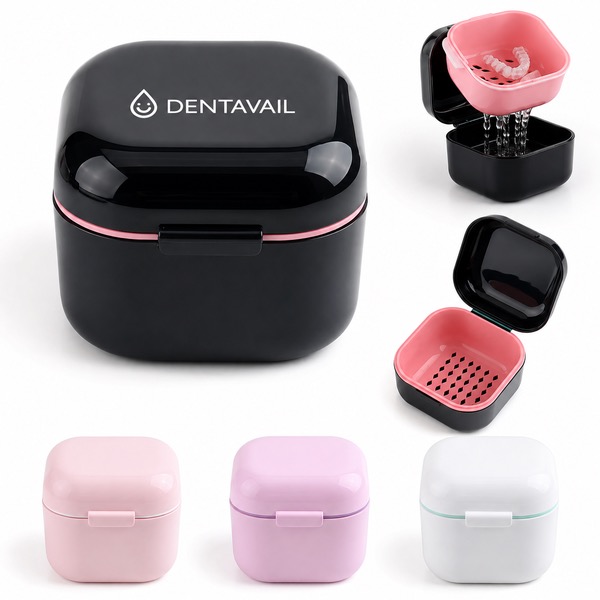 False Teeth Storage Box with Built-In Strainer, PP Plastic — Pp — Black