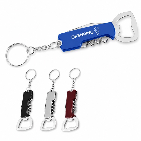 Travel Camping Bottle Opener With Keyring Attachment — Stainless Steel — Black