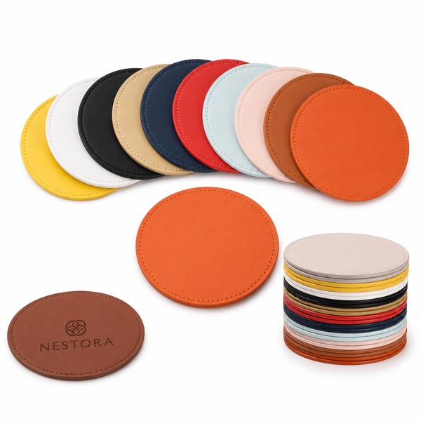 Sewn Round Leather Coaster Set for Hot Cold Drinks