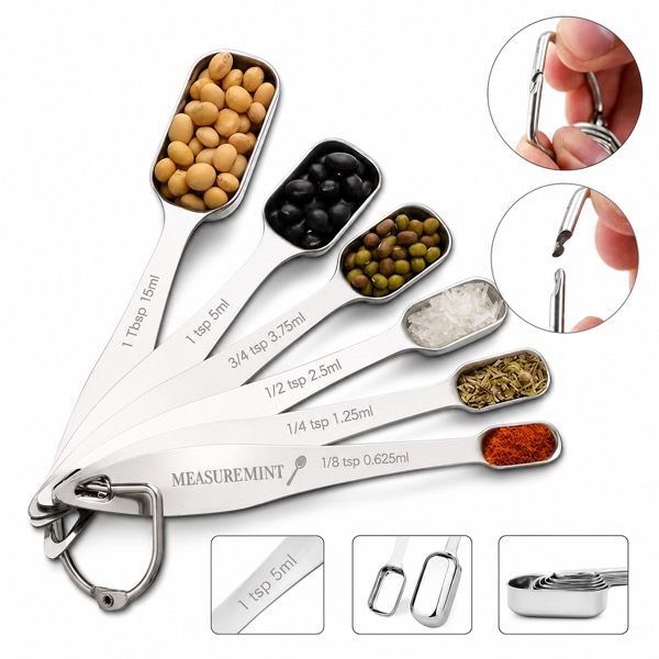 Stainless Steel Measuring Spoons with Ring Holder, 6-Piece