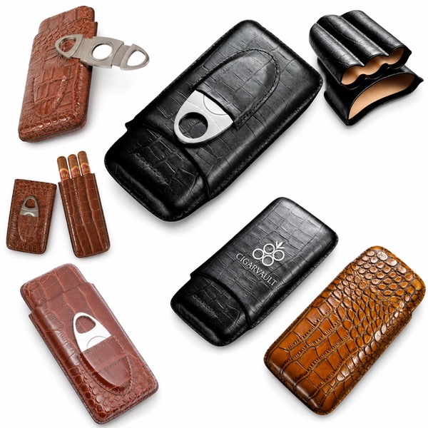 Crocodile Embossed Cowhide Three Cigar Case