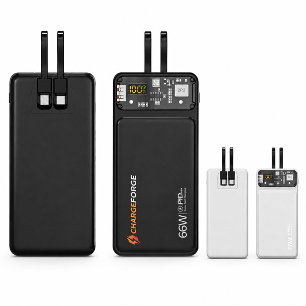 10000mAh Power Bank with LED Display and Built-In Cables