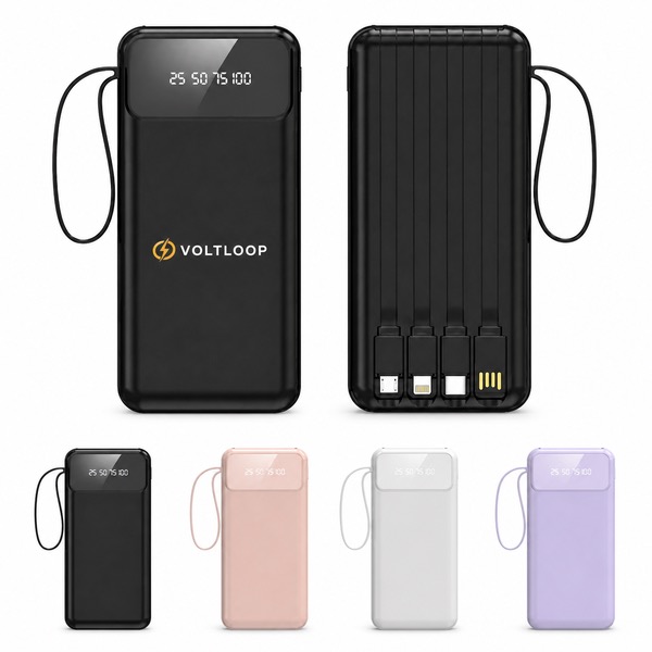 Power Bank 10000 mAh with Four Built-In Cables — Abs — White