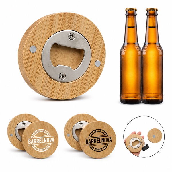 Round Natural Wood Bottle Opener Coaster Set