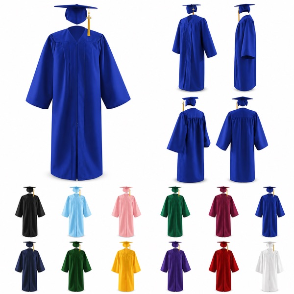 Academic Graduation Cap Gown Set with Adjustable Strap — Polyester — Black