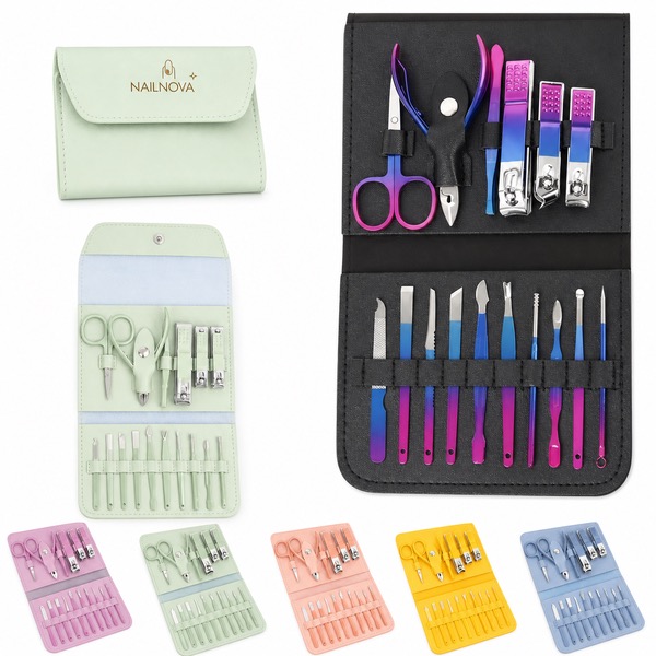 Steel Nail Care Set with 16 Tools and Leather Case