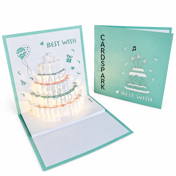 Custom Logo 3D Birthday Cake Card with Recording — Paper — Green/White