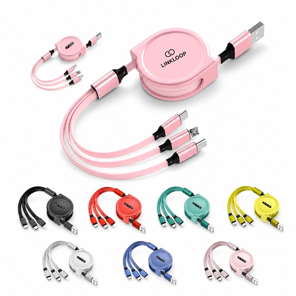 USB Charging Cable with 3-in-1 Retractable Design — Plastic — Red