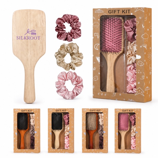 Wooden Detangler Hairbrush and 3 Silk Scrunchies Gift Set