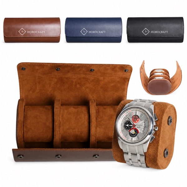 Velvet-Lined Leather Watch Organizer With Snap Closures