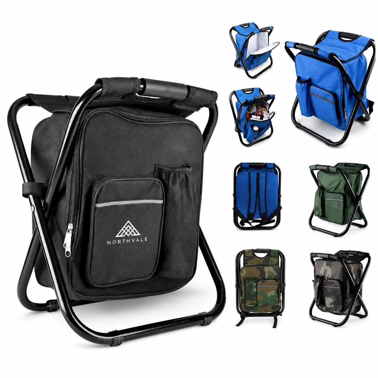 Portable Folding Stool Cooler Backpack — 600D Oxford Cloth — Blue