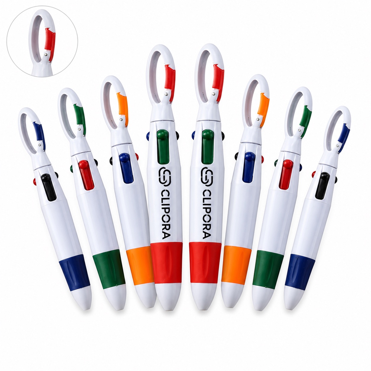 Carabiner Clip Pen with 4 Ink Colors — Plastic — Red