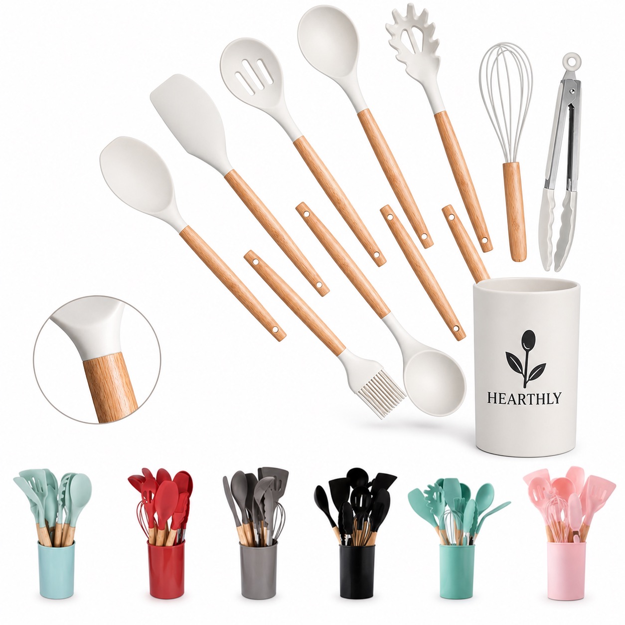 Kitchen Utensil Set, 12-Piece Silicone with Wood Handles