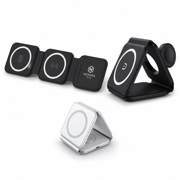 Magnetic 3 Device Wireless Charging Stand Foldable — Abs — Black