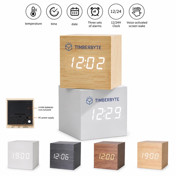Portable Wood Cube Clock With Date Temperature Display — Mdf — Brown