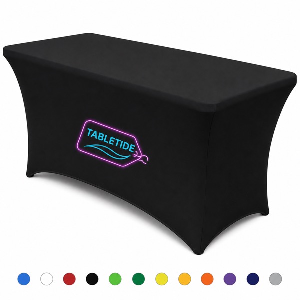 6ft Washable Stretch Tablecloth for Indoor Outdoor Events — Polyester — Custom