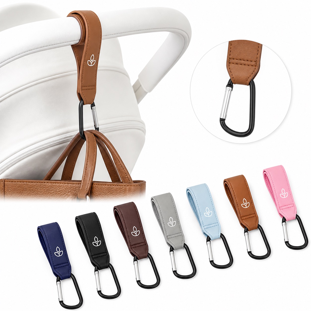 Baby Stroller Hook with PU Leather Strap — Pu Leather — Black