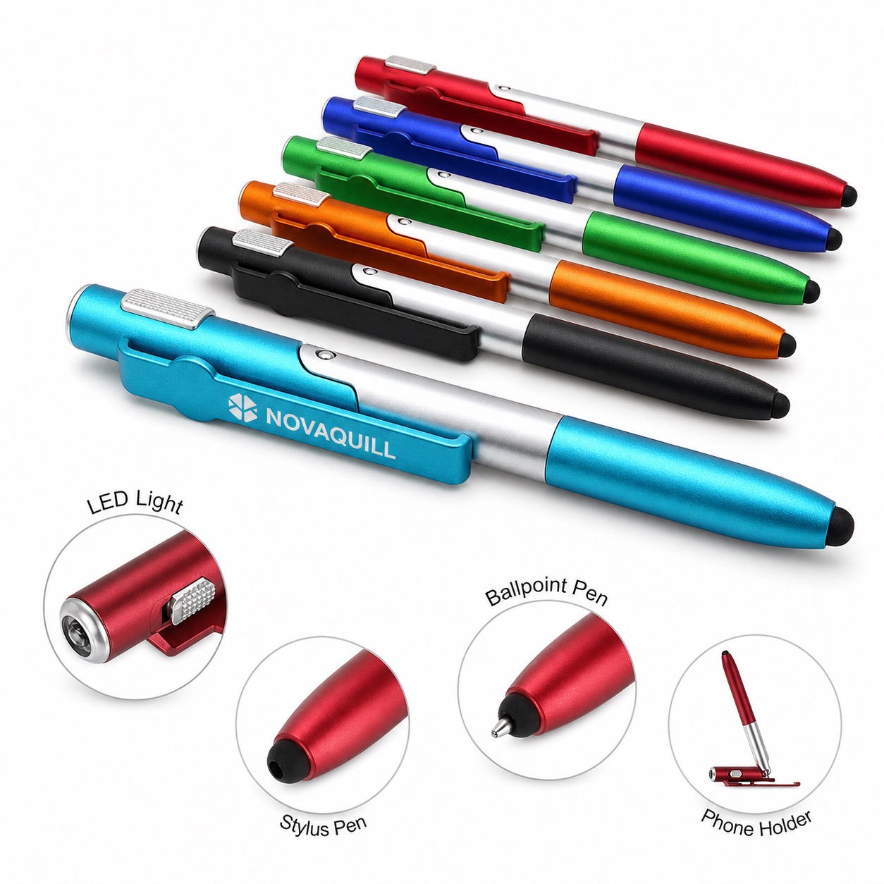 Foldable Phone Holder Pen with Stylus and LED Light