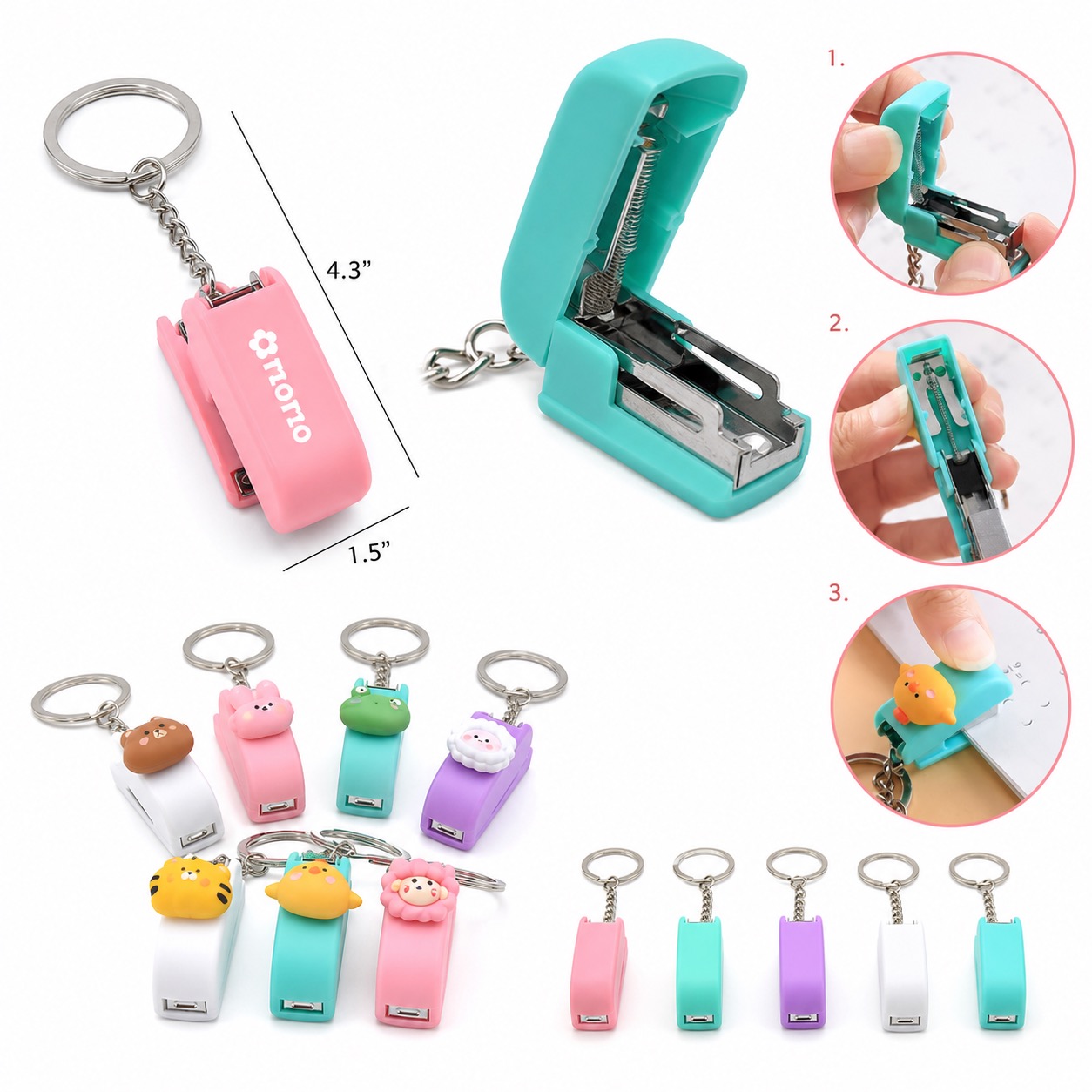 Mini Keychain Stapler for Students — Plastic — Pink