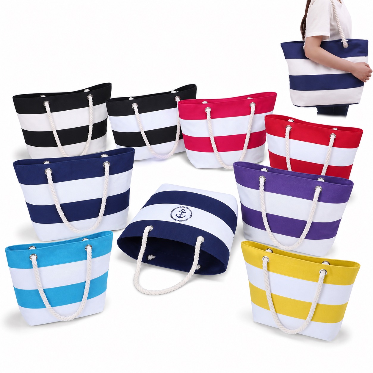 Large Canvas Travel Beach Tote with Rope Handles