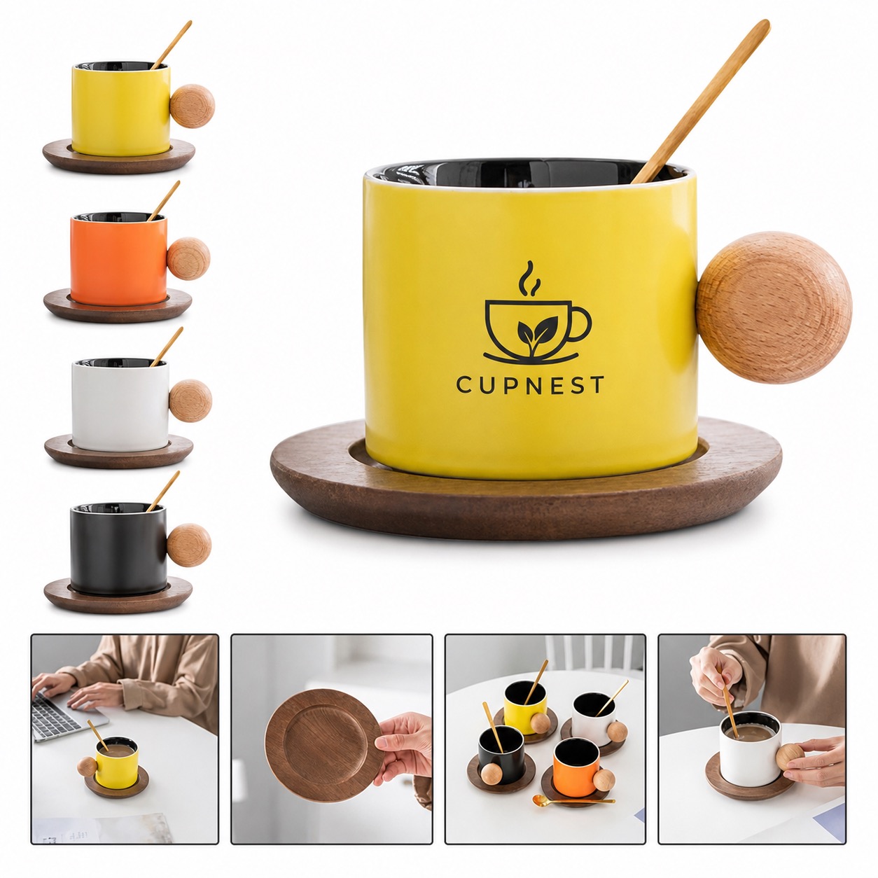 9 x 3in Ceramic Coffee Mug with Wood Handle