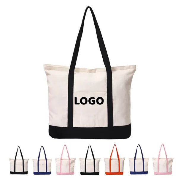 Zippered Two-Tone Canvas Tote with Front Pocket