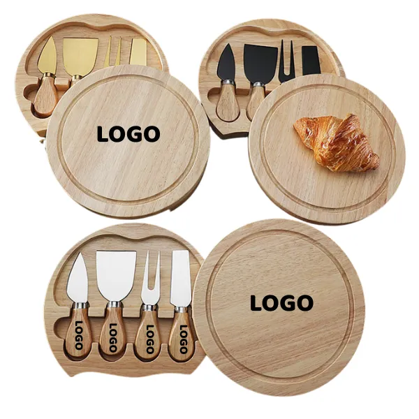 4-Piece Cheese Knife Set with Round Rubberwood Box